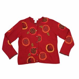 Susan Bristol Sweater Sunflower Beaded Vintage Cardigan Large